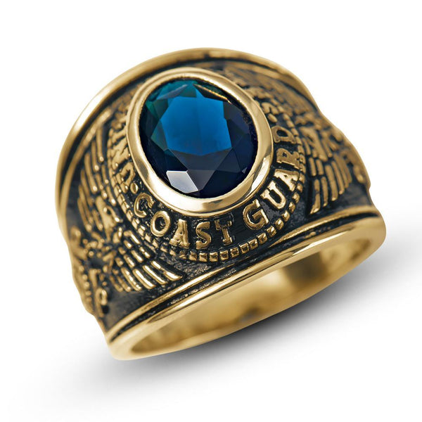Gold United States Coast Guard Blue Center Stainless Steel Ring / MCR6010-stainless steel jewelry- how to clean stainless steel jewelry- stainless steel jewelry wholesale- mens stainless steel jewelry- 316l stainless steel jewelry