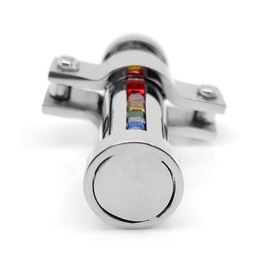 Stainless steel Cubic Zirconia rainbow pride pendant at an angle.