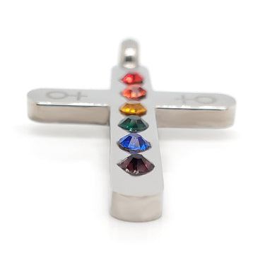 Stainless steel Cubic Zirconia rainbow female Venus symbol Cross pendant at an angle.