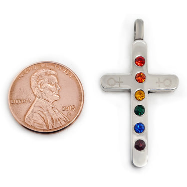 Stainless steel Cubic Zirconia rainbow female Venus symbol Cross pendant at an angle.