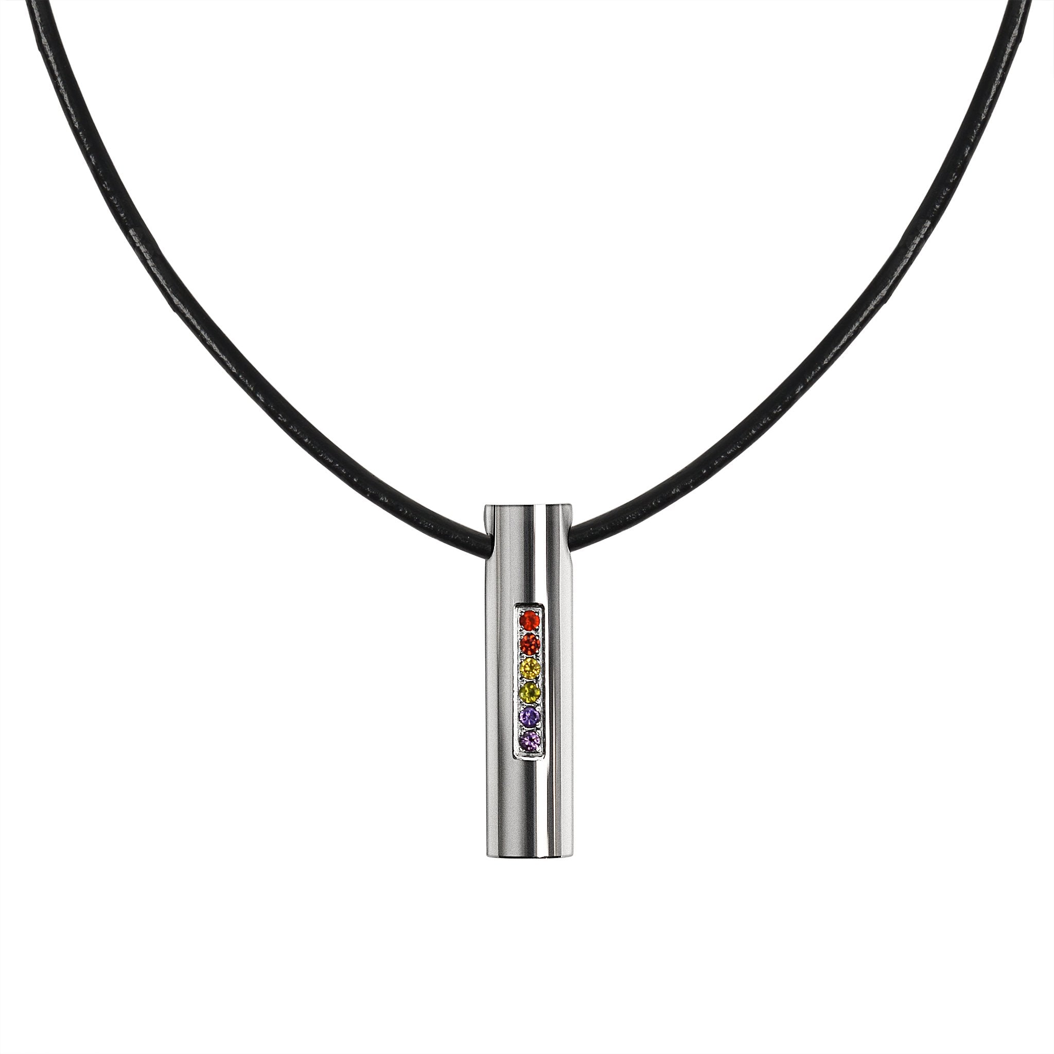 Stainless steel multicolor Cubic Zirconia necklace hanging.