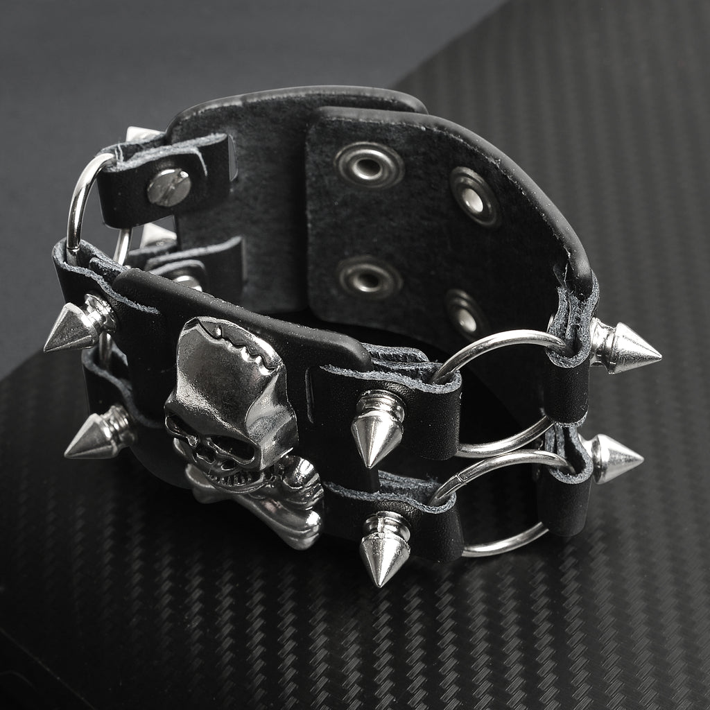 Black Leather Stainless Steel Skull And Crossbones Bracelet / LBJ12423