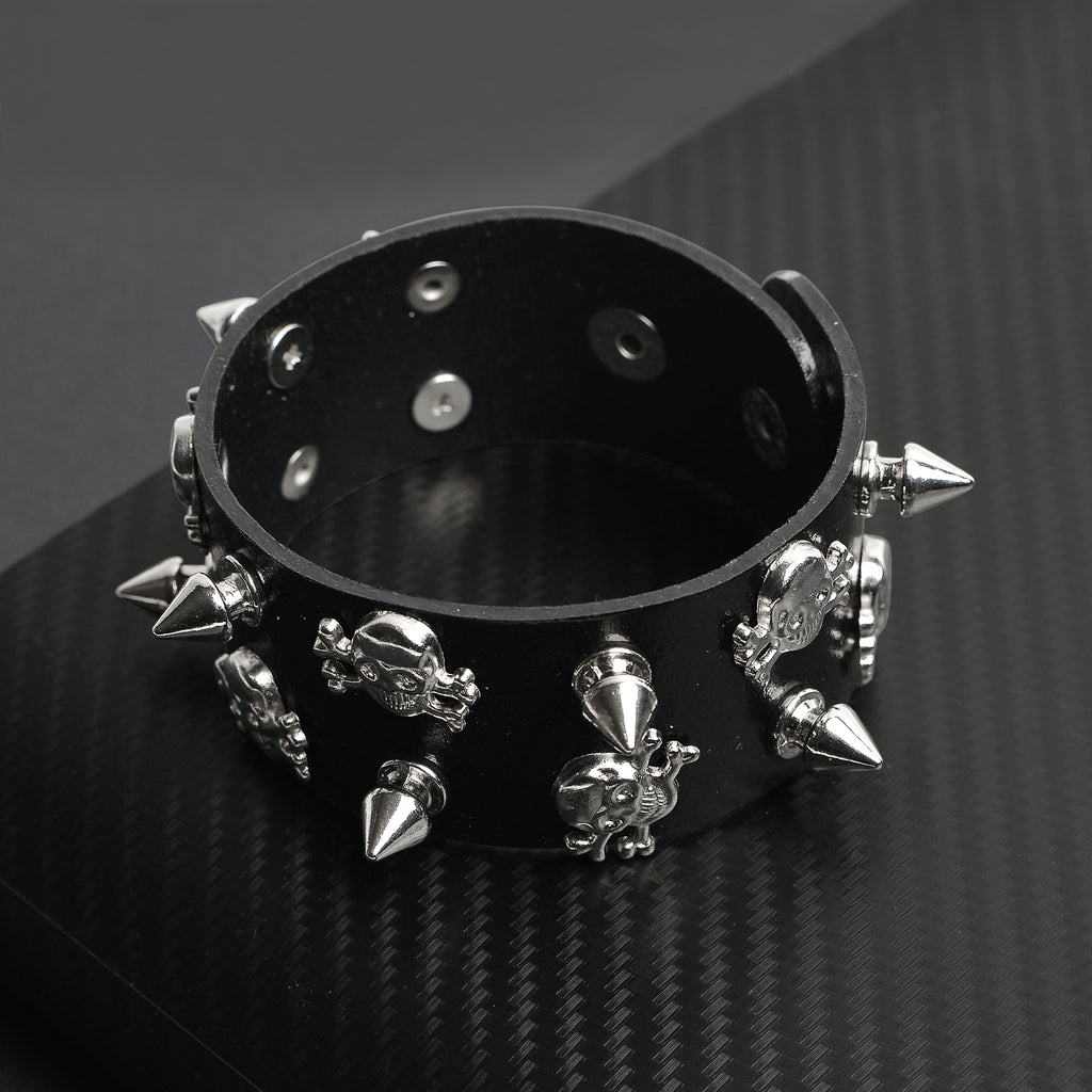 Black Leather Stainless Steel Skull Crossbones Studded Bracelet 