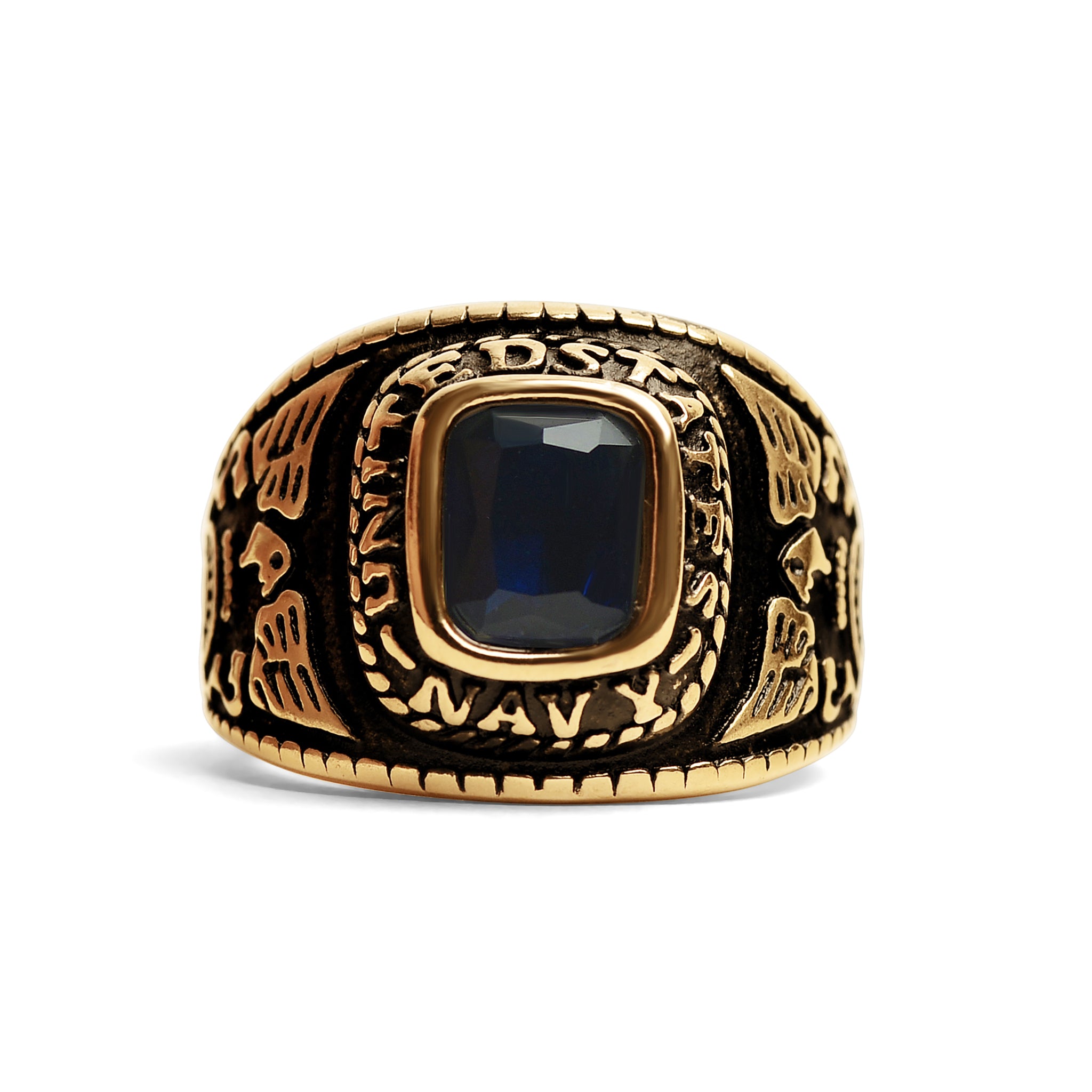 Gold United States Navy Blue Center Stone Stainless Steel Ring / MCR6003