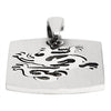 Stainless steel cutout dragon pendant at an angle.
