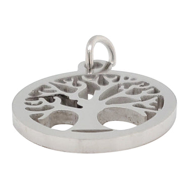 Stainless steel tree of life charm at an angle.