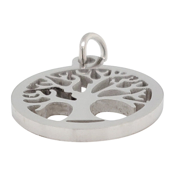 Stainless steel tree of life charm at an angle.
