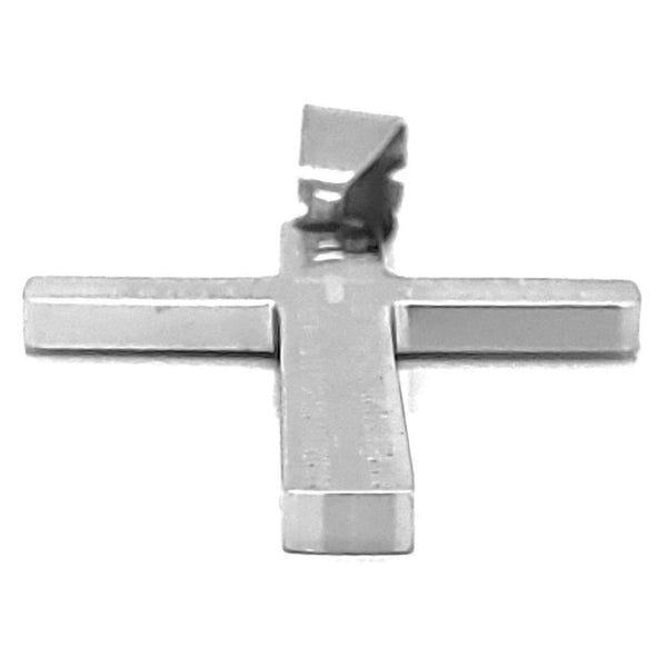 Serenity prayer cross stainless steel pendant at an angle.