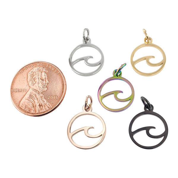 Stainless steel wave charms in a variety of colors with a penny for scale.