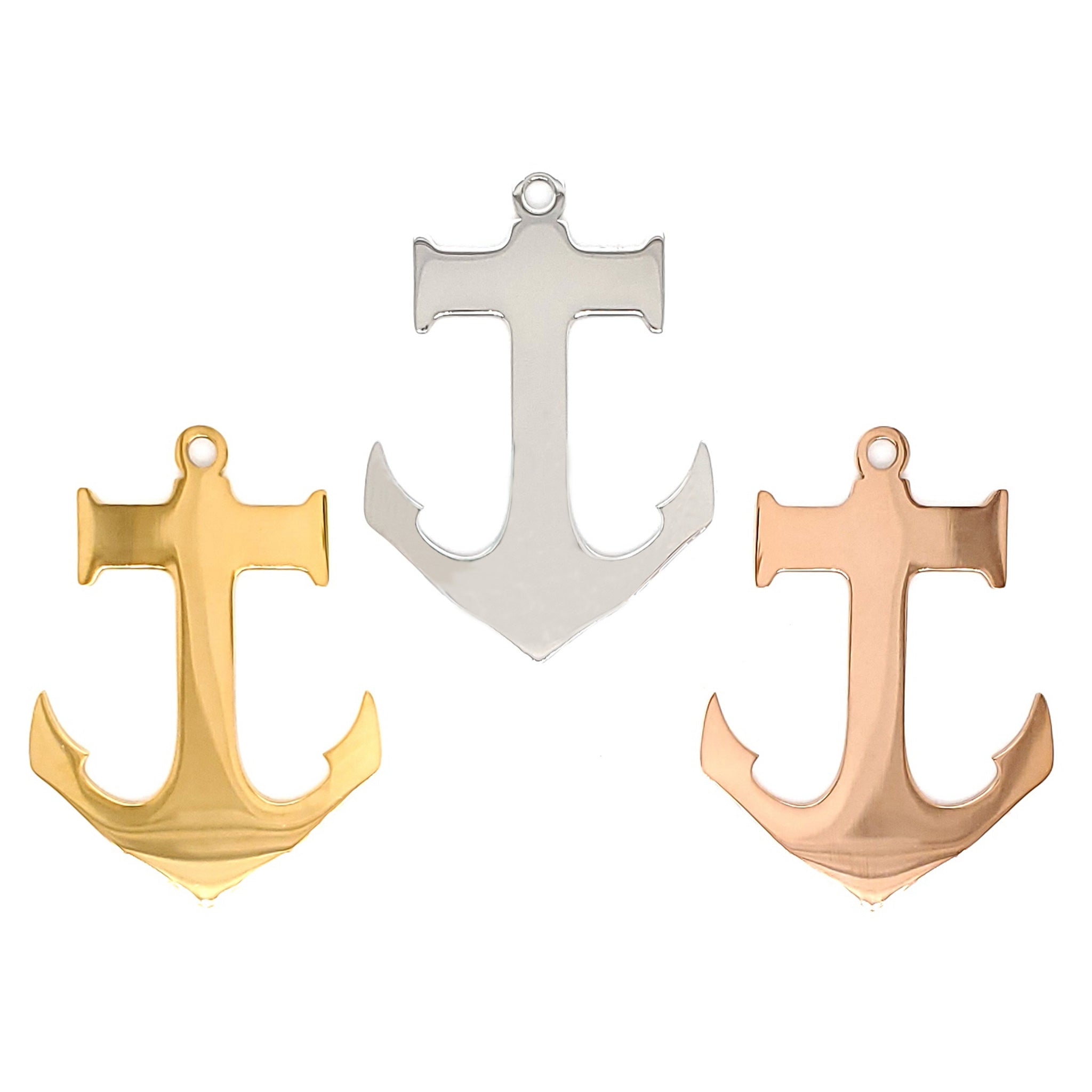 Stainless steel blank anchor pendants in three different colors.