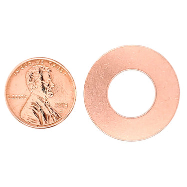 Copper blank washer pendant with a penny for scale.