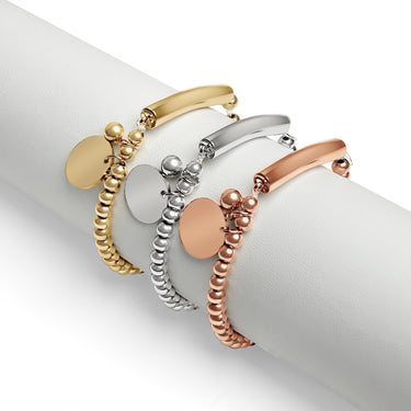 Stainless Steel Beaded Stretch Bracelet with Engravable Charm
