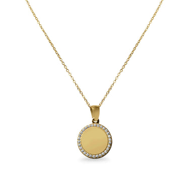 Stainless Steel Engravable Round Pendant Necklace with CZ