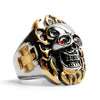 Stainless Steel Red CZ Eyed Flaming Skull With 18K Gold PVD Coated Accents Ring / SCR0250