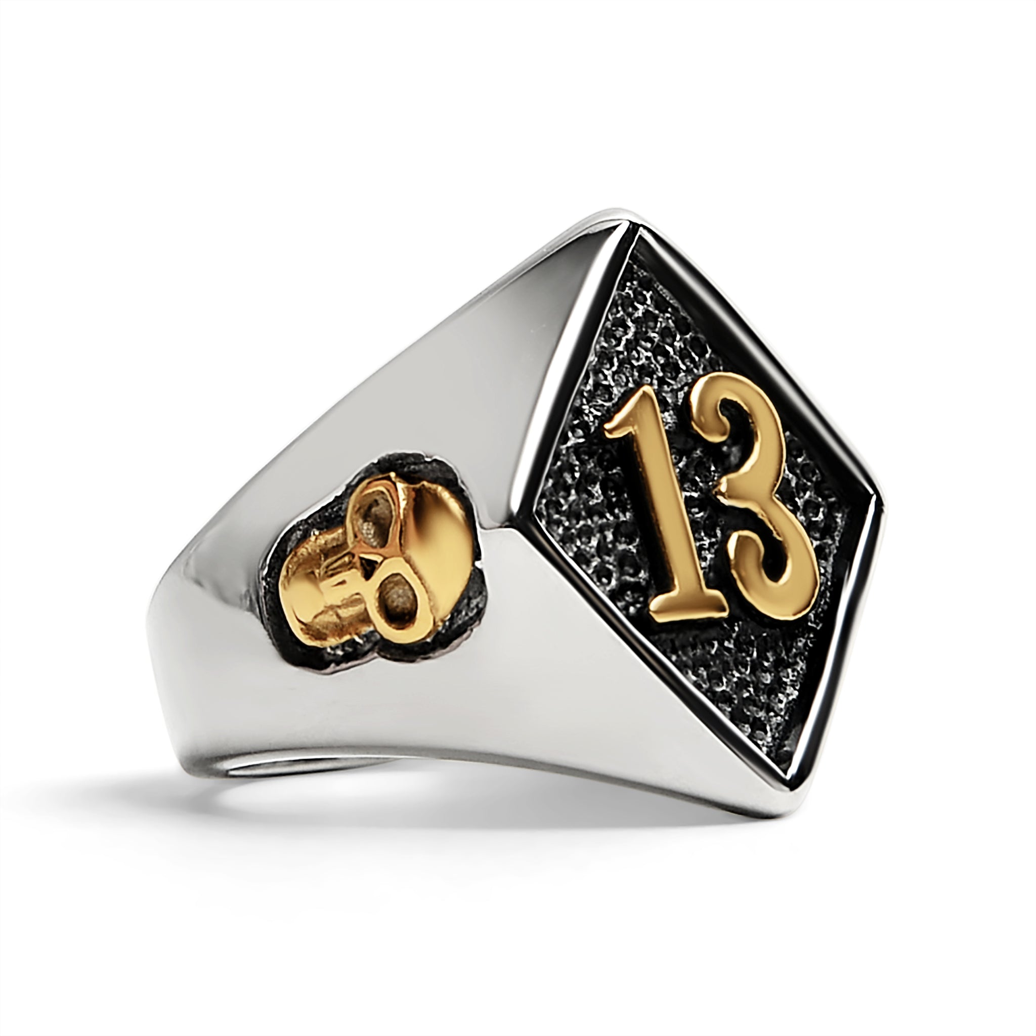 Stainless Steel 18K Gold PVD Coated Accents "13" and Skulls Signet Ring / SCR3042