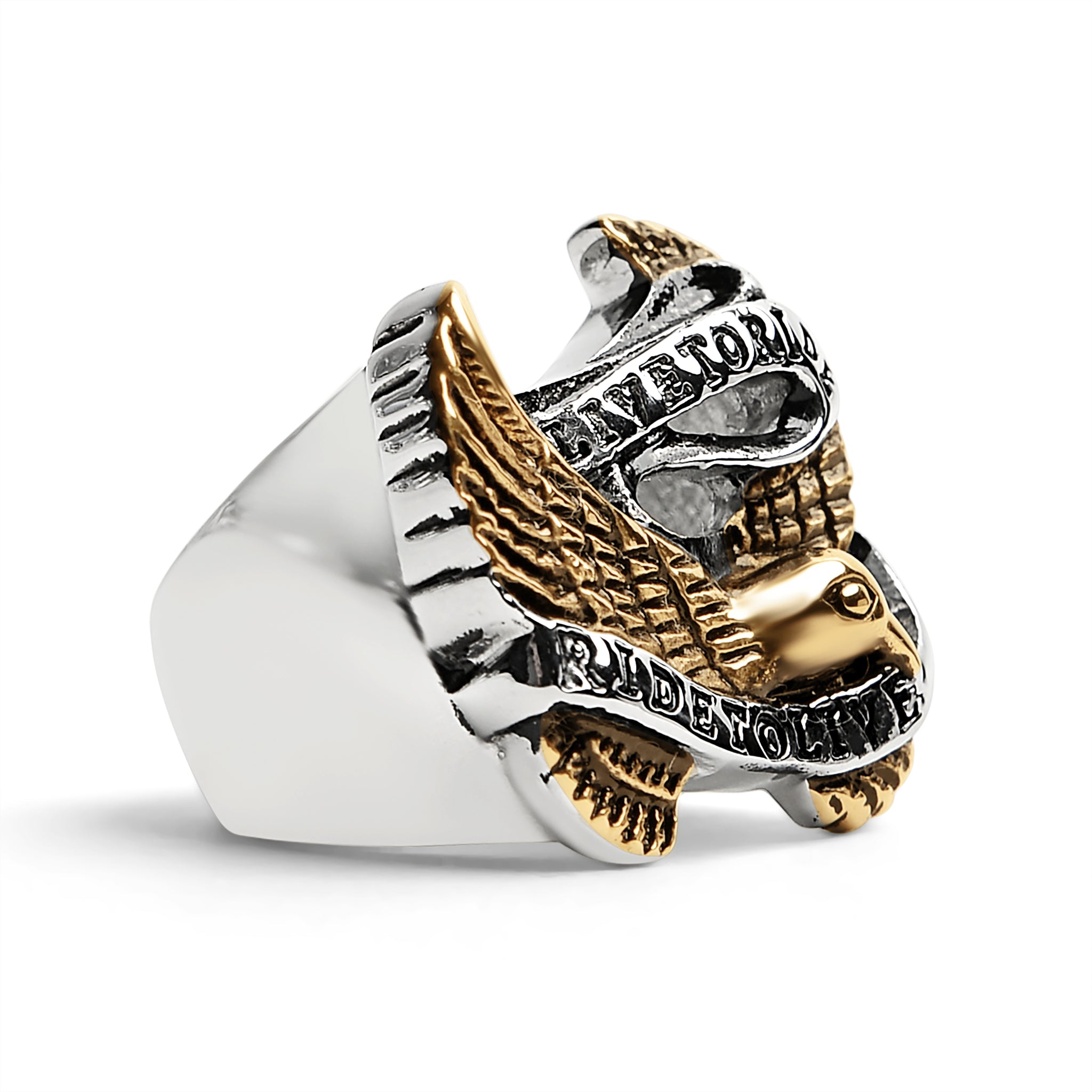Stainless Steel 18K Gold PVD Coated "Live To Ride" "Ride To Live" Eagle Biker Ring / SCR3086