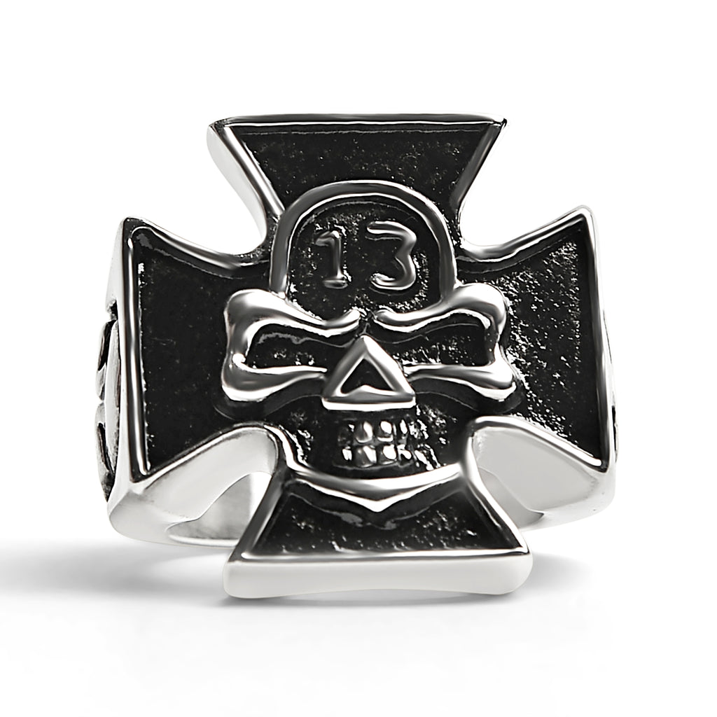 Large Detailed 13 Skull Maltese Cross Stainless Steel Ring Scr4001