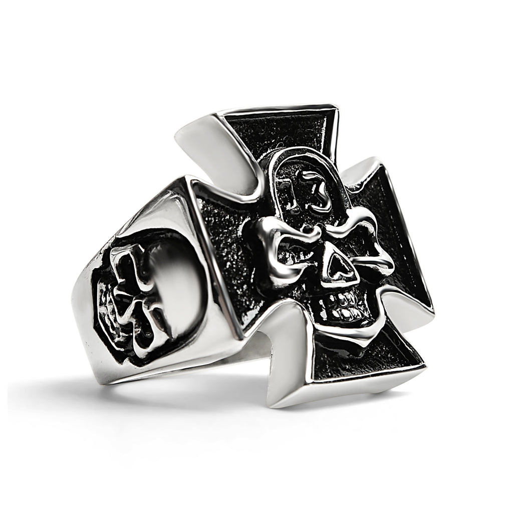 Large Detailed 13 Skull Maltese Cross Stainless Steel Ring Scr4001