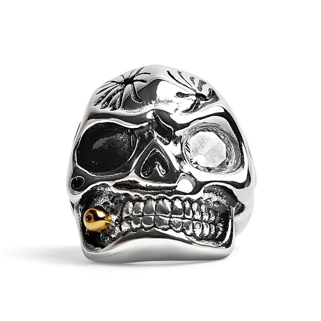 Stainless Steel Skull Smoking 18K Gold PVD Coated Cigar And Single CZ Eye  Ring / SCR4047