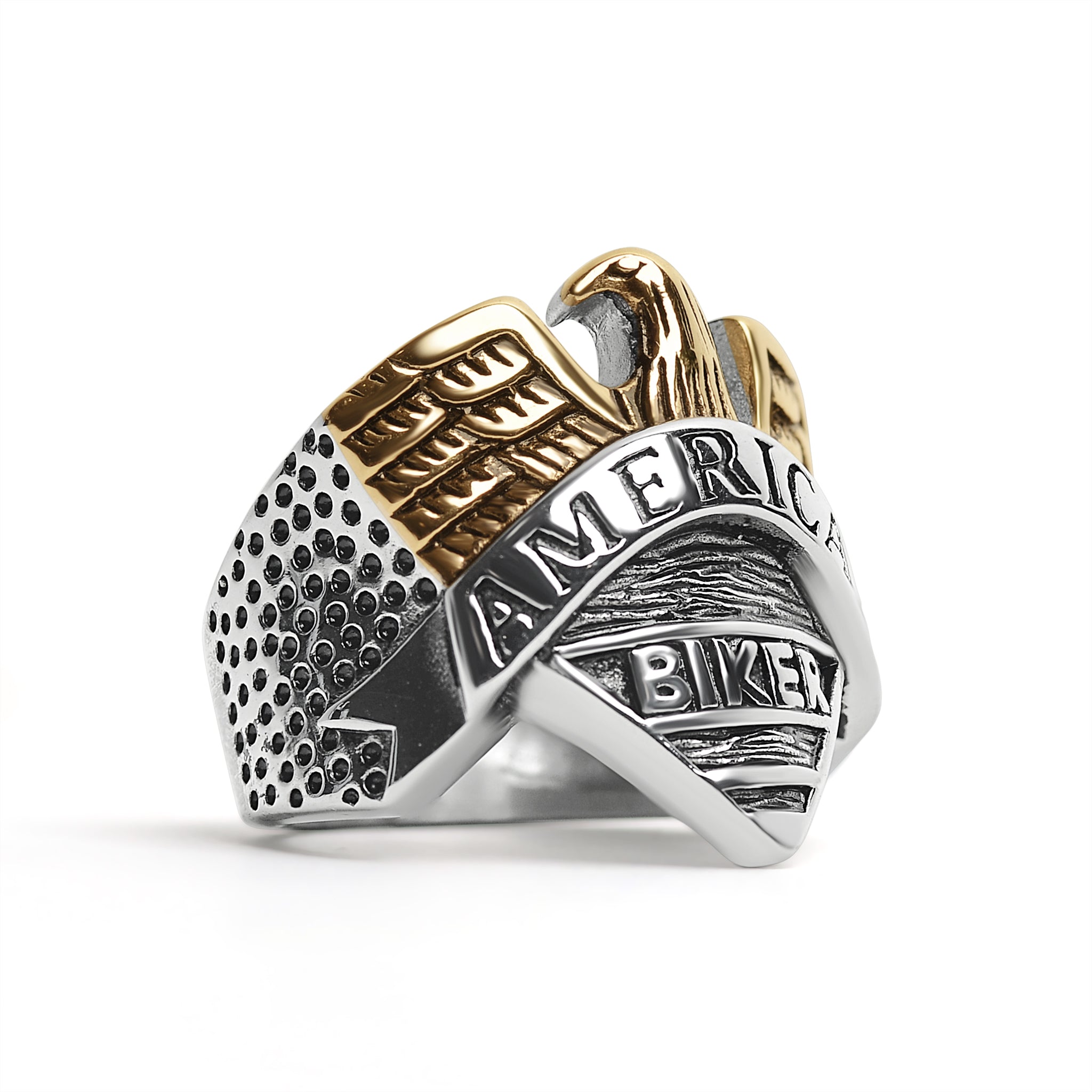 Stainless Steel "AMERICAN BIKER" With 18K Gold PVD Coated Eagle Ring / SCR4074