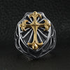 Stainless steel 18K gold PVD Coated Cross on shield signet ring on a black leather background.