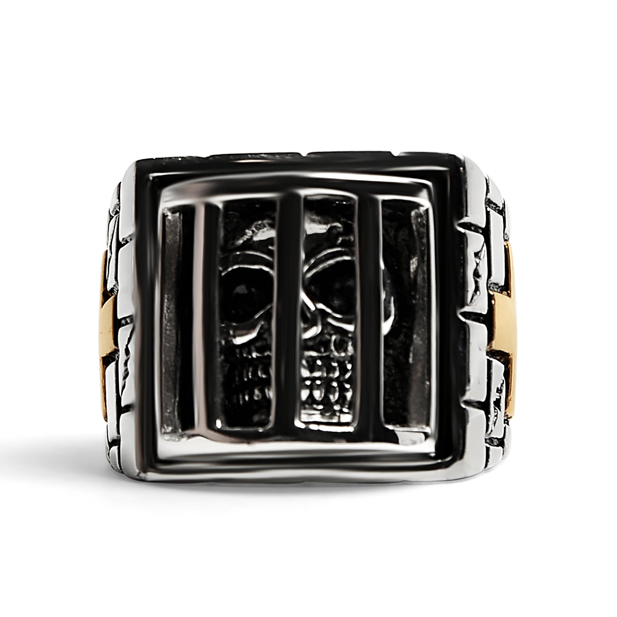 Stainless Steel Medieval Jailed Skull With 18K Gold PVD Coated Cross Accents Ring / SCR4101