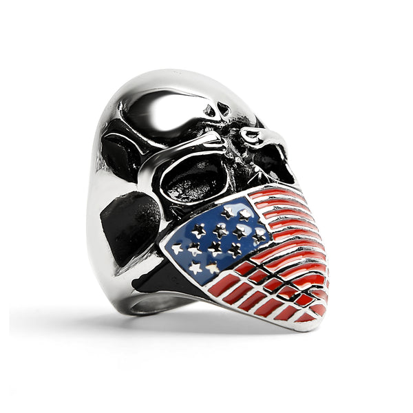Stainless Steel USA American Flag Covered Skull Ring / SCR4105