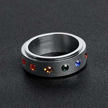 Rainbow CZ Spinner Center Highly Polished Stainless Steel Ring Lifestyle