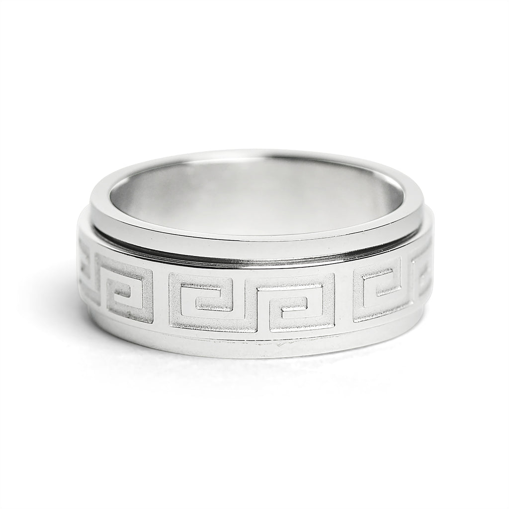 Greek Key Titanium Ring with Silver Inlay