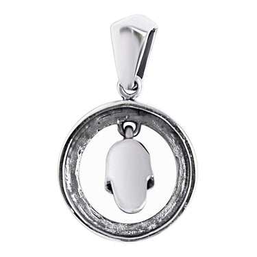 Sterling silver circle skull pendant, back view.
