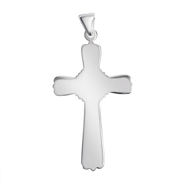 Sterling silver filigree cross pendant, back view.