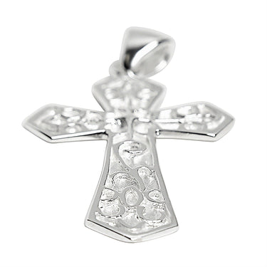 Sterling silver filigree cross pendant at an angle.