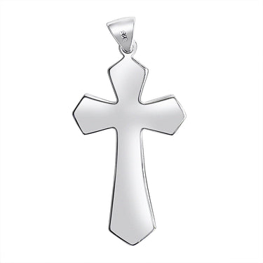 Sterling silver filigree cross pendant, back view.