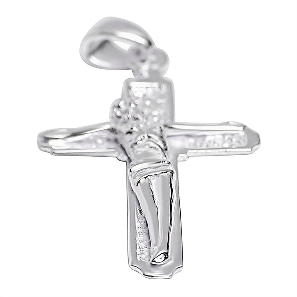 Sterling silver crucifix pendant at an angle.