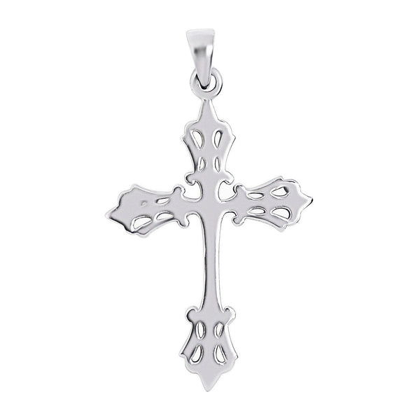 Sterling silver detailed cross pendant, back view.