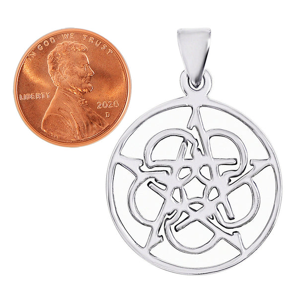 Sterling silver seed of life pentagram star pendant with a penny for scale.