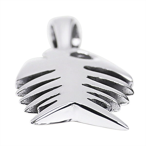 Sterling silver fish bone pendant at an angle.