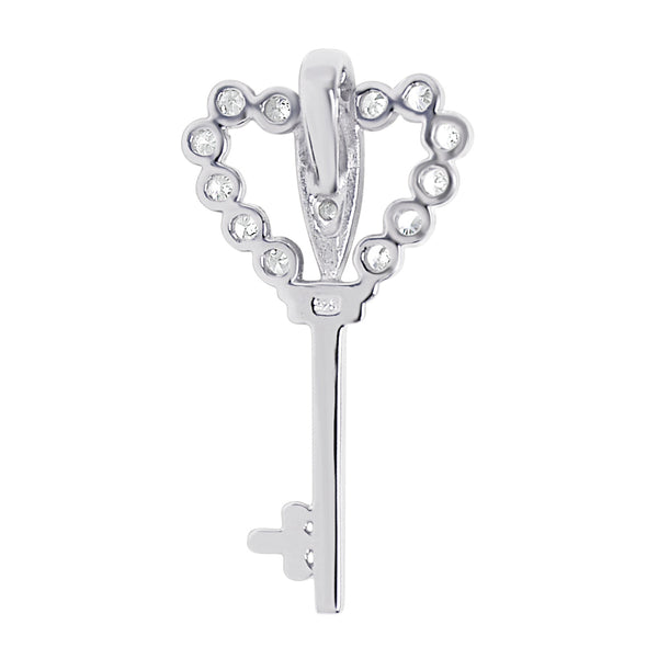 Sterling silver Cubic Zirconia heart key pendant, back view.