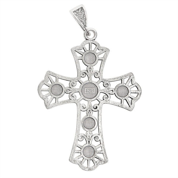 Sterling silver detailed Cross pendant, back view.