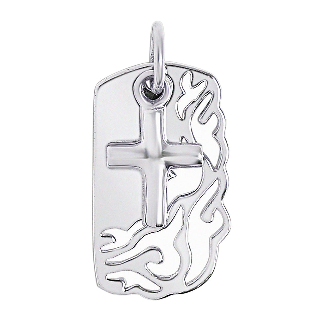 Sterling Silver Dog Tag Flame Cutout with Cross Pendant / SSP0105