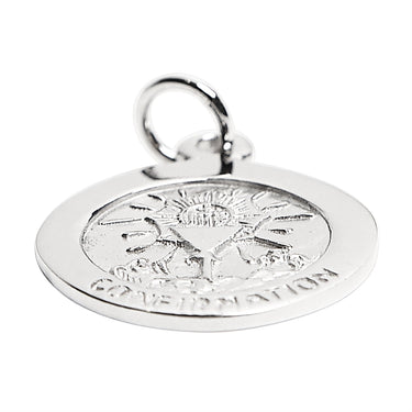 Sterling silver "Confirmation" pendant at an angle.