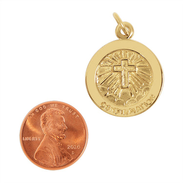Sterling silver 18K gold PVD Coated "Confirmation" Cross pendant with a penny for scale.