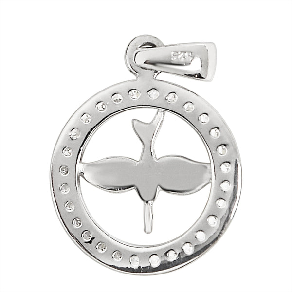 Sterling silver Cubic Zirconia circled dove pendant, back view.