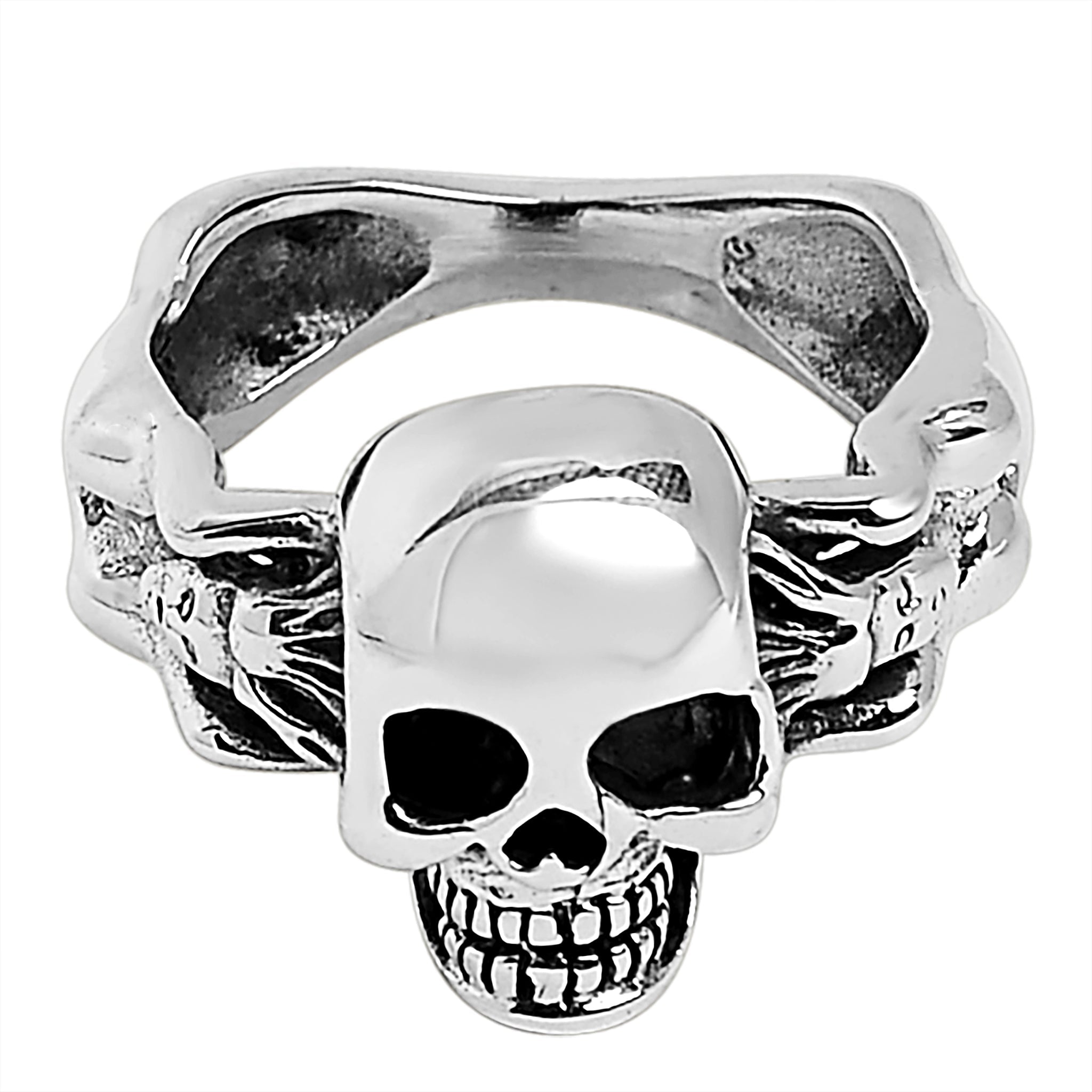 Sterling silver skull and nude women ring angled down.