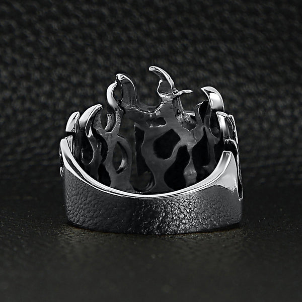Sterling silver Maltese Cross flame ringback view on a black leather background.