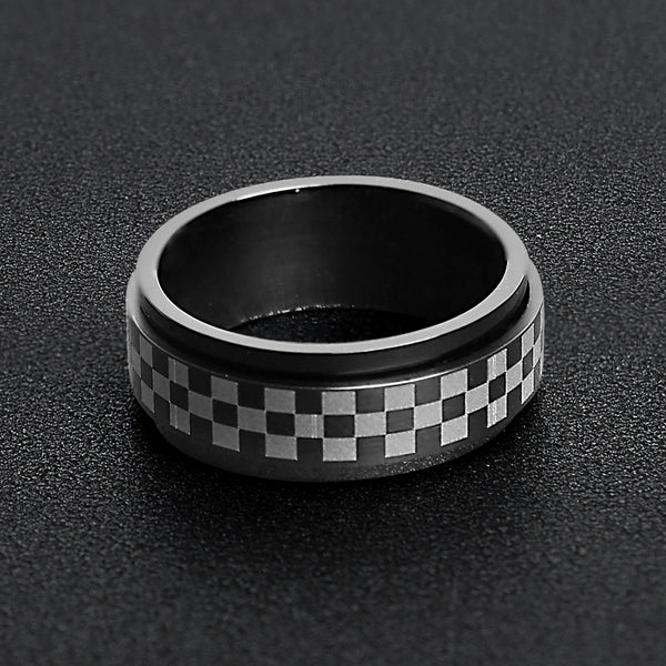Black Checker Stainless Steel Spinner Ring / STC010