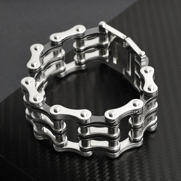 Stainless Steel And Black Double Bike Chain Bracelet / WCB1009