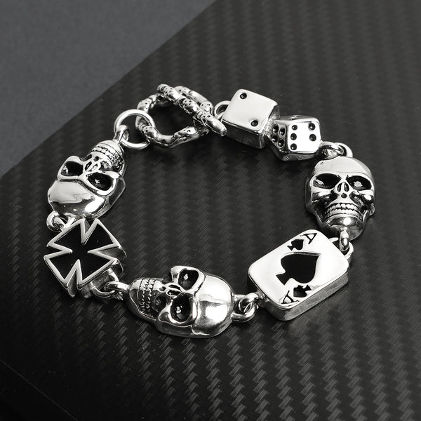 Stainless Steel Black Skull Dice Ace of Spades and Maltese Cross Bracelet / WCB1010