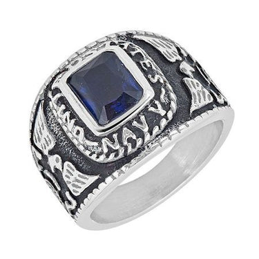 United States Navy Dark Blue Center Stone Stainless Steel Women's Ring / MCR4103-gold stainless steel jewelry- stainless steel jewelries- stainless steel jewelry mens- stainless steel good for jewelry- stainless steel jewelry for women