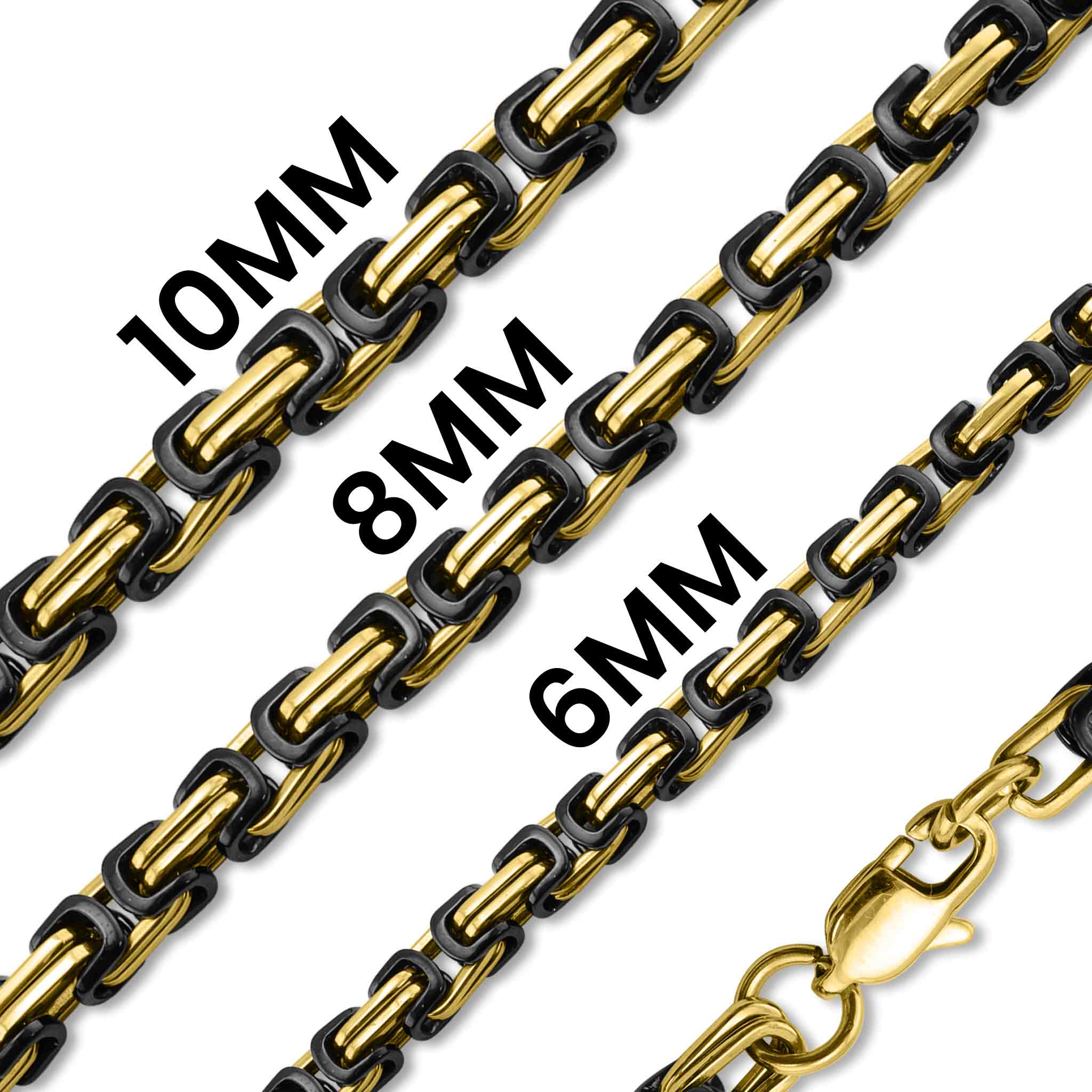 Stainless Steel Black and 18K Gold PVD Coated Byzantine Chain Necklace sizes